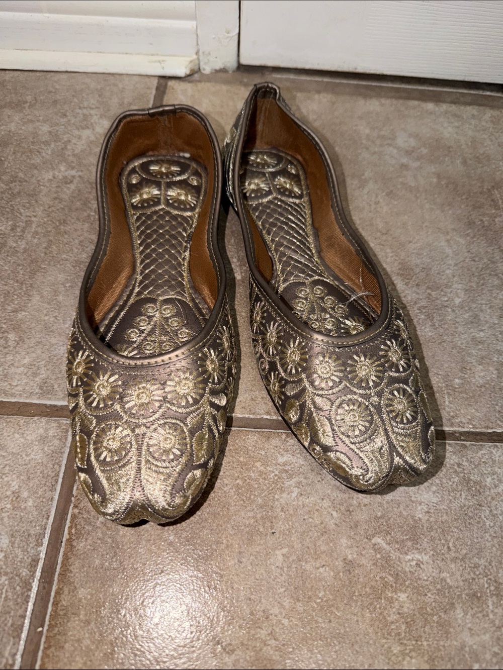 Womens Metallic Gold Embroidered Flats